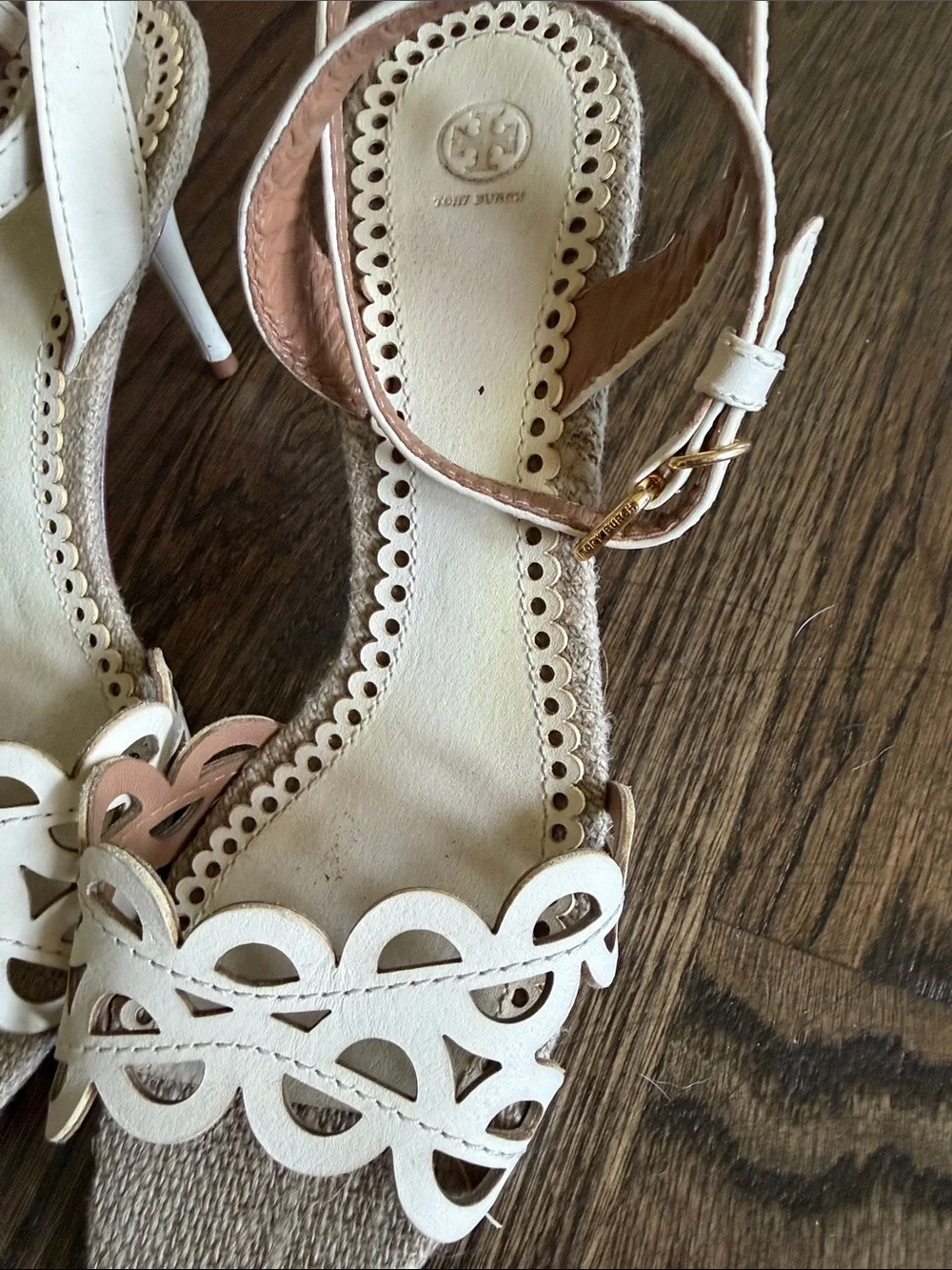 Tory Burch Ivory Scalloped Laser-Cut Ankle Strap Heels